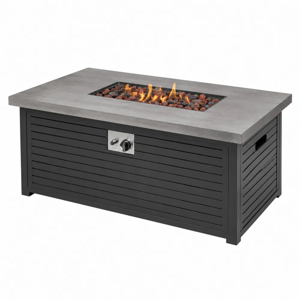 Table brasero à gaz rectangulaire 112 x 56 x 64 cm plateau effet béton composite acier noir gris brûleur gaz pierres de lave