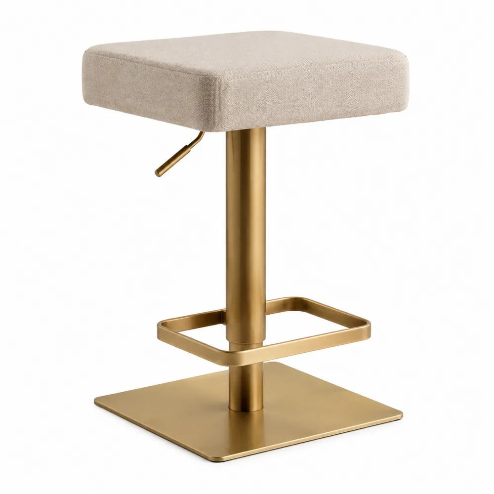 Tabouret de bar réglable pivotant en tissu beige et acier doré base carrée 42 cm x 42 cm x 62-82 cm