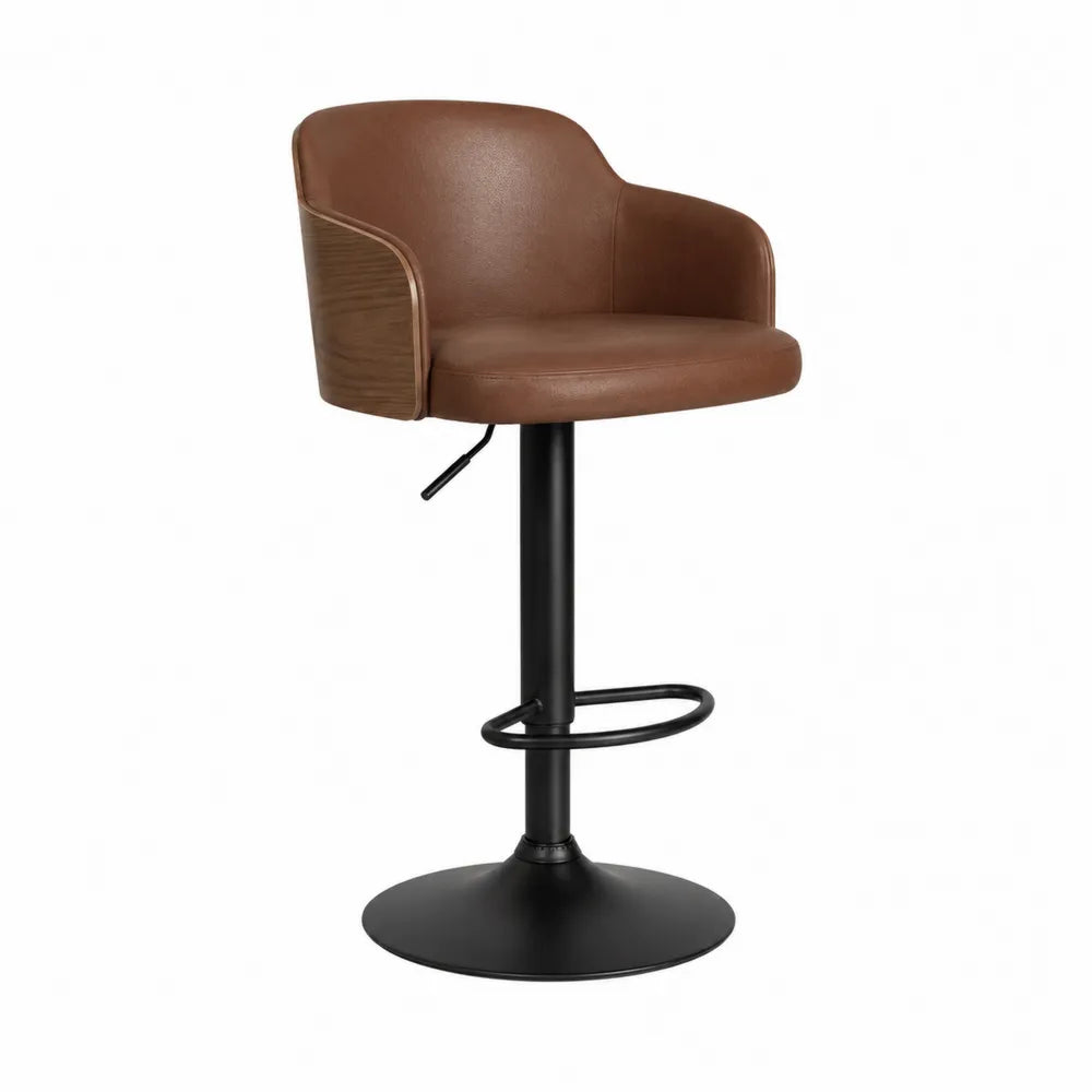 Tabouret de bar réglable pivotant avec coque en bois et assise rembourrée en cuir PU marron base acier noir 55 x 55 x 85-105 cm