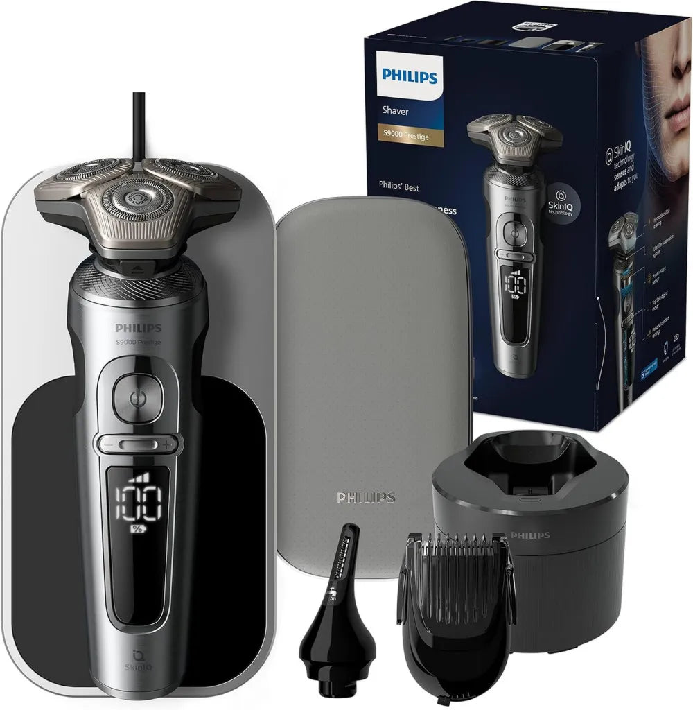 Rasoir Électrique Philips Prestige Série 9000 avec Technologie SkinIQ, Support de Charge Qi, Chrome Brillant