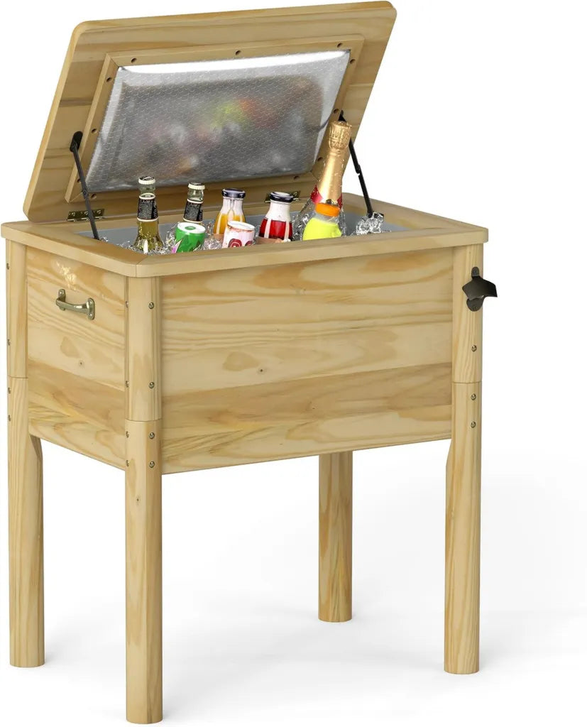Glacière en Bois de Terrasse COSTWAY 51L, Extérieure avec Poignées et Décapsuleur, Idéale pour Jardin et Fêtes