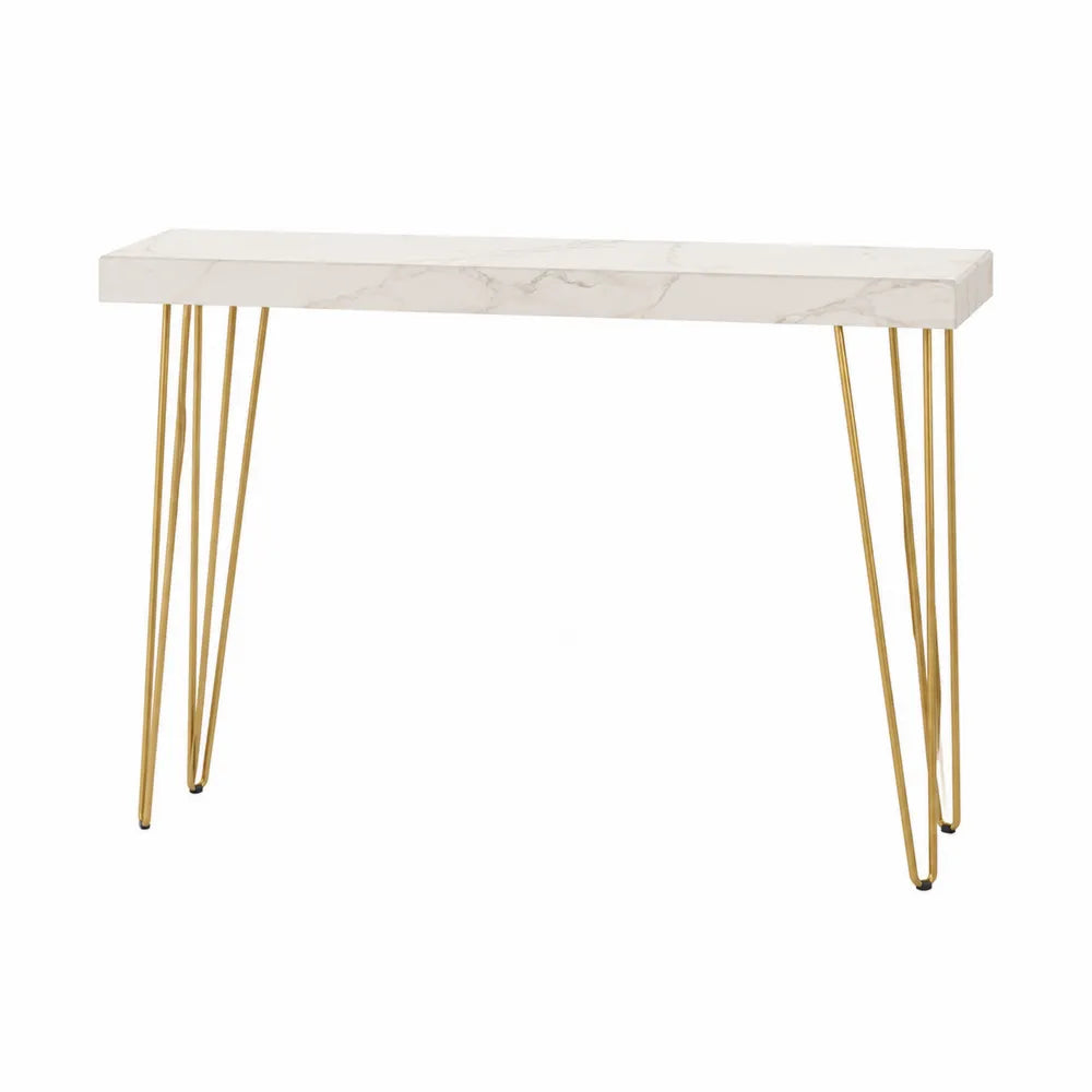 Table console rectangulaire plateau effet marbre blanc pieds épingle acier doré 120 x 35 x 80 cm