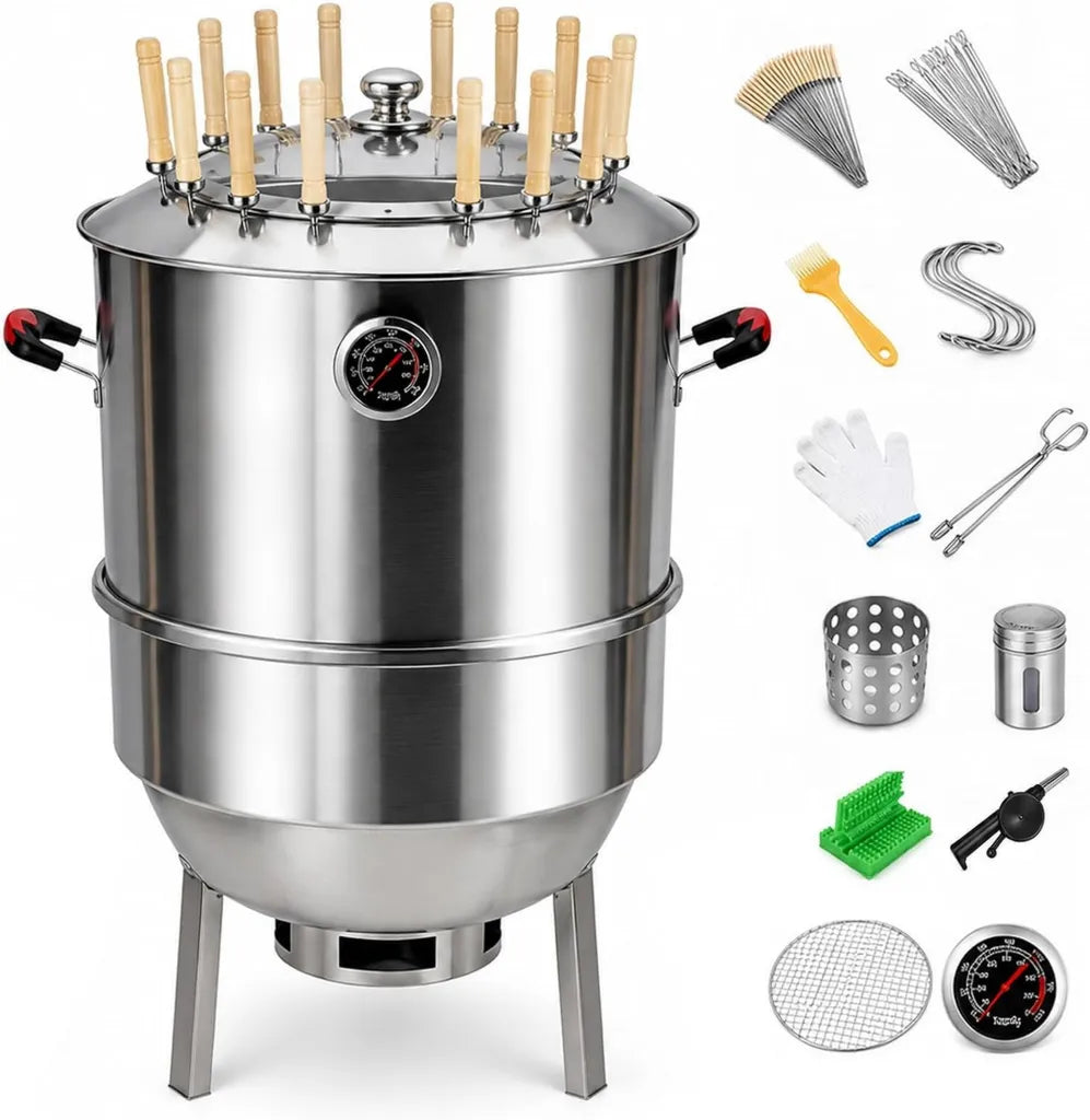 Grill Fumoir Vertical en Acier Inoxydable, Barbecue à Charbon Rotatif Démontable avec Séparation Huile-Fumée
