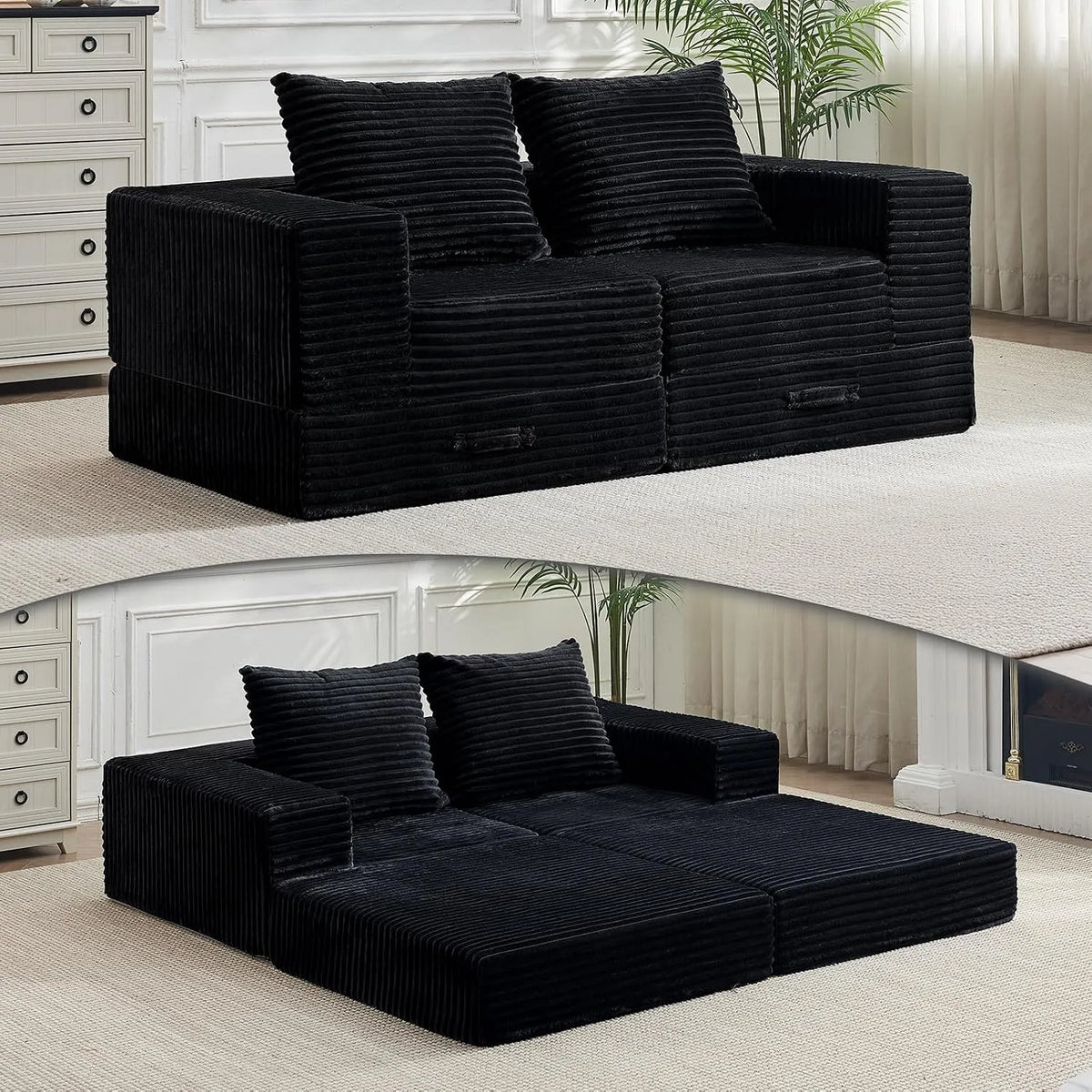 Canapé modulaire: antidérapant, convertible, avec accoudoirs, avec coussins, 2 Places, 180 cm, noir, avec fonction couchage