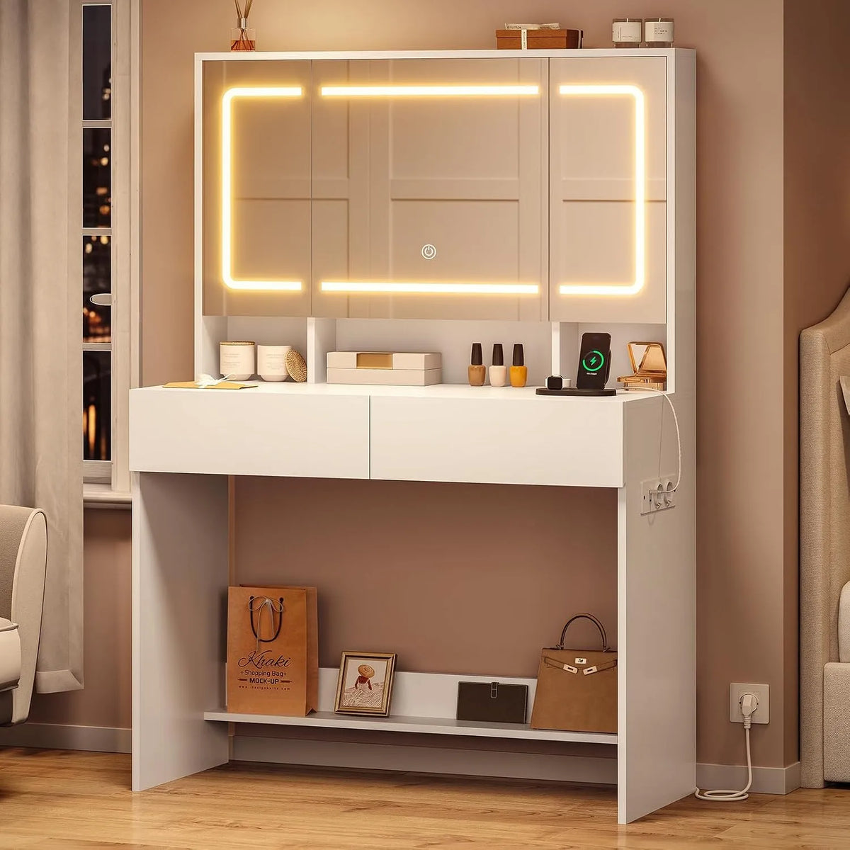 Coiffeuse et table de maquillage avec Grand Miroir Coiffeuse avec Prise et Lumières LED – avec tiroirs, réglable, affichage LED, 2 Tiroirs