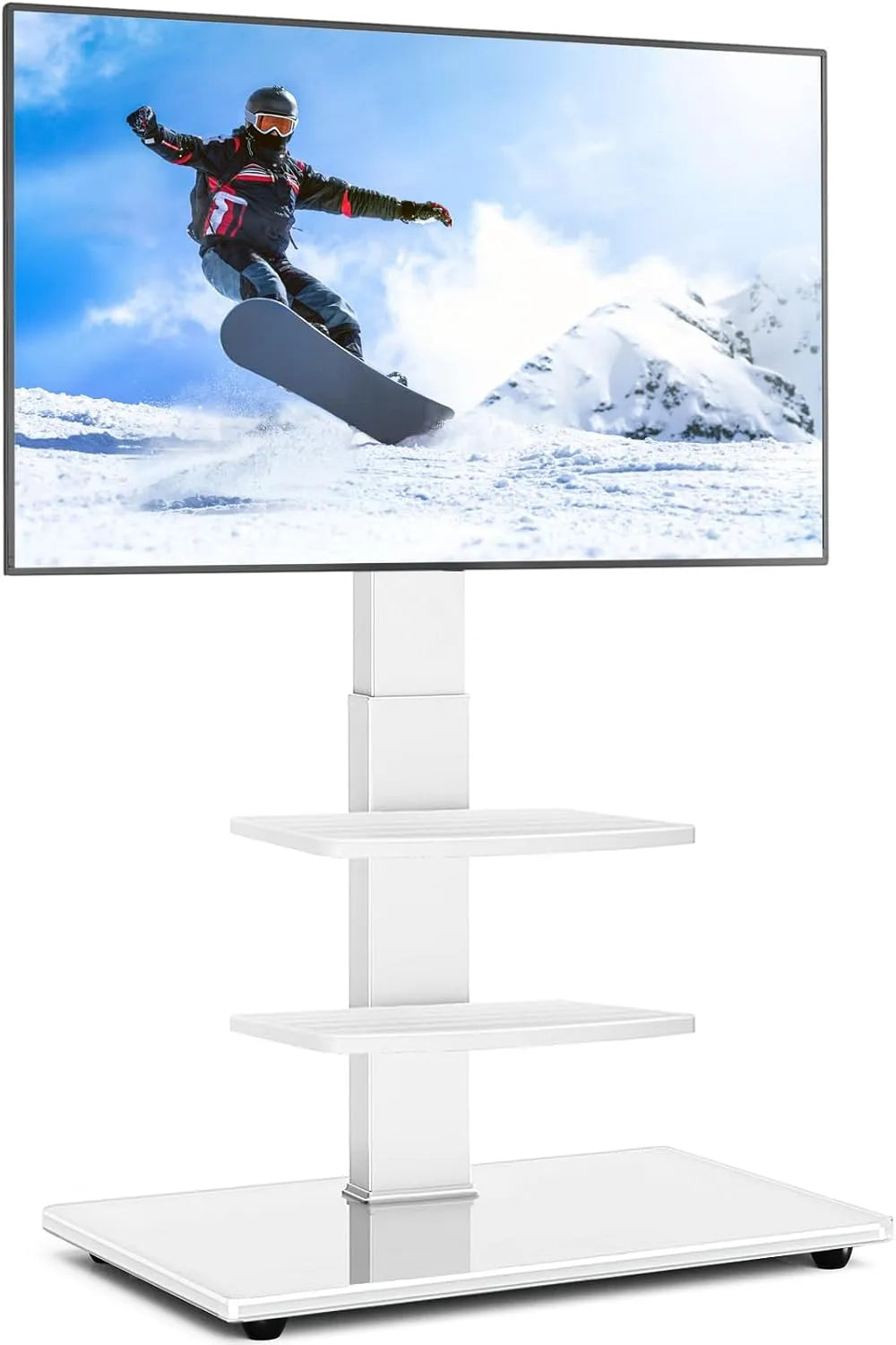 Meuble TV, 70 pouces, 400x400mm, blanc, 3 tablettes, pivotant, hauteur réglable, gain de place, piédestal verre trempé