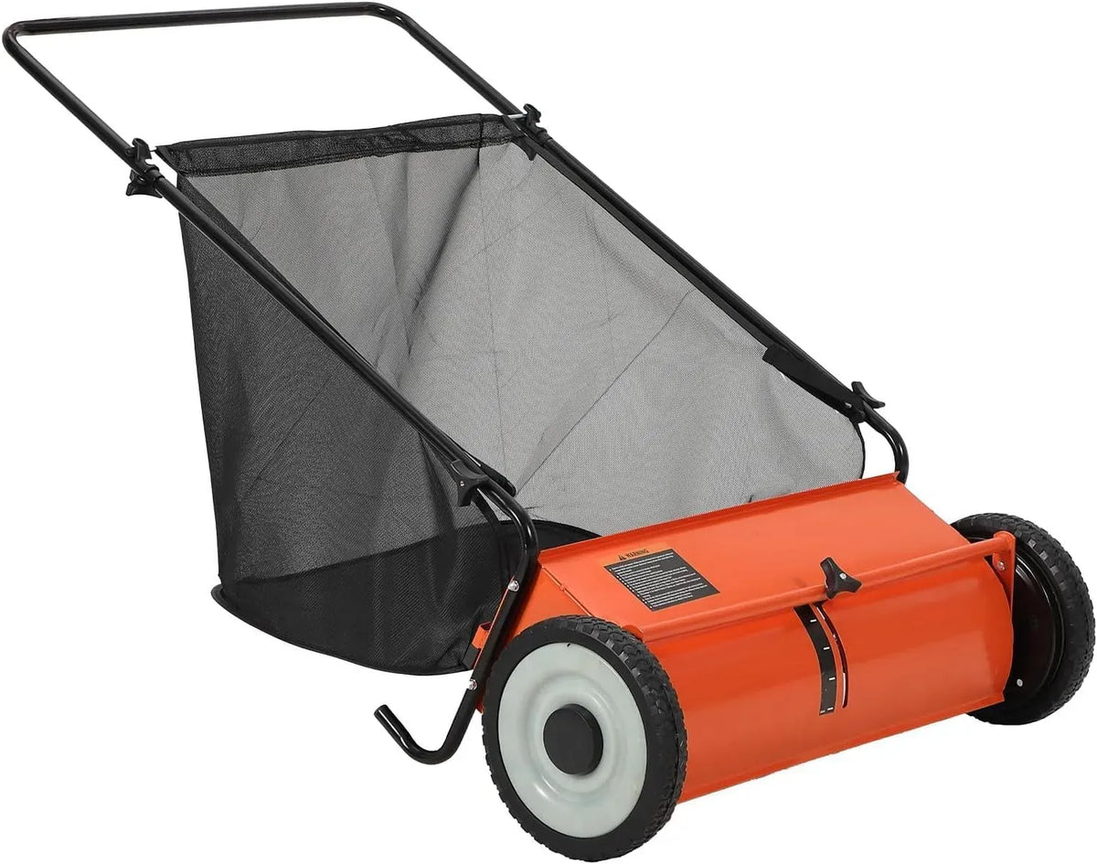 Orange+Noir, Garvee Balayeuse à Gazon Manuelle Robuste, Largeur 53 cm, 4 brosses Rapides, Grand Sac 99 L, Hauteur réglable, Châssis Acier