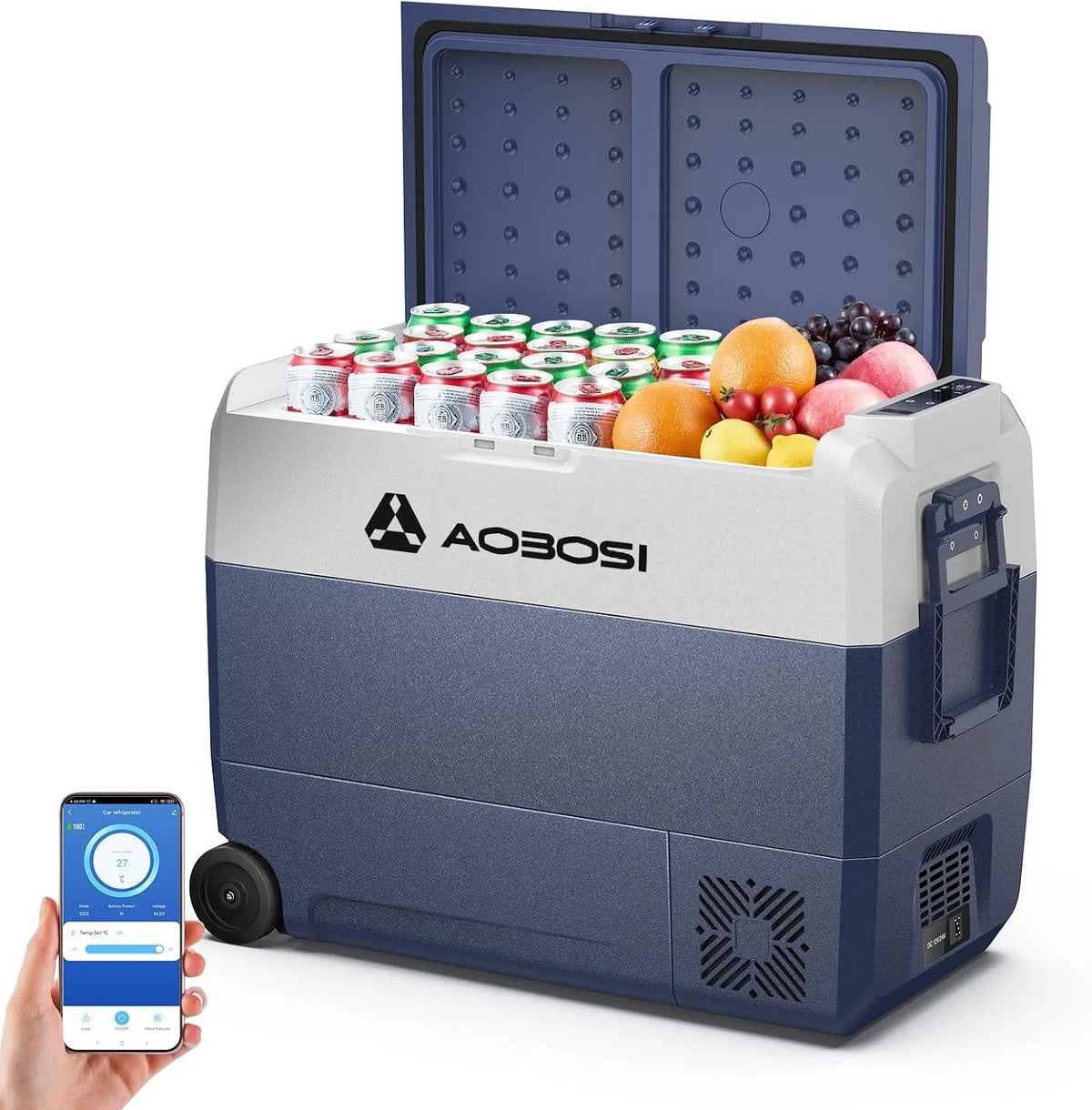 Produit avec APP, AAOBOSI Glaciere a Compression 60L, -20°C à 20°C, 12V 230V, 12V 24V 230V AC, Contrôle par APP, Éclairage LED, Avec Roues et Poignée
