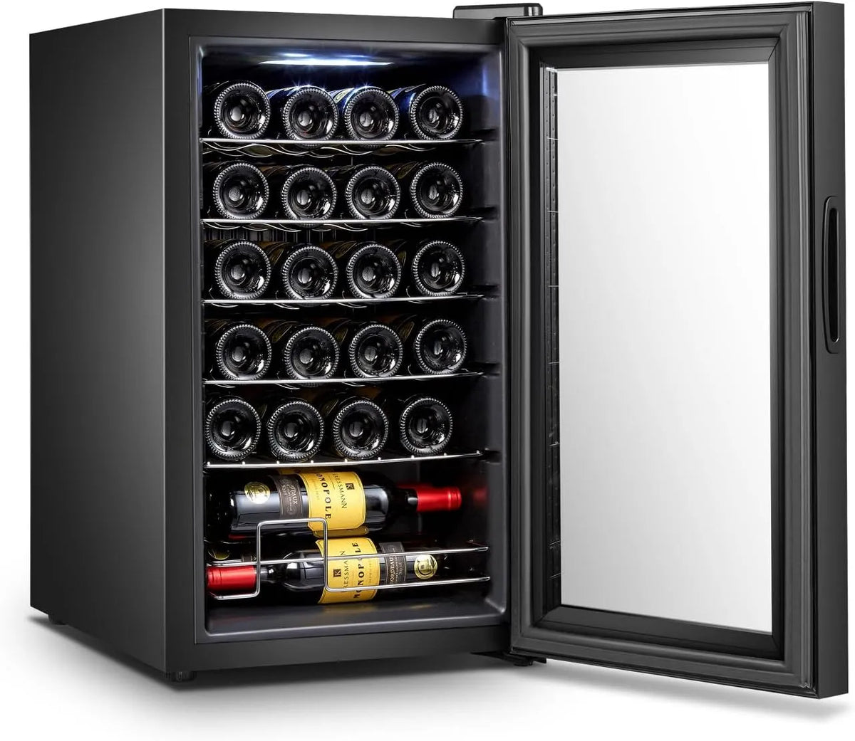 modèle V, 50, 220 V/50 Hz, 70 L, 5 étagères et panier, 24 bouteilles, lumière LED, Cave réfrigérée pour vin avec porte en verre trempé et structure en