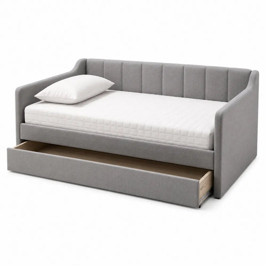 Lit de jour convertible avec tiroir de rangement en tissu gris et bois 206 cm x 96 cm x 86 cm