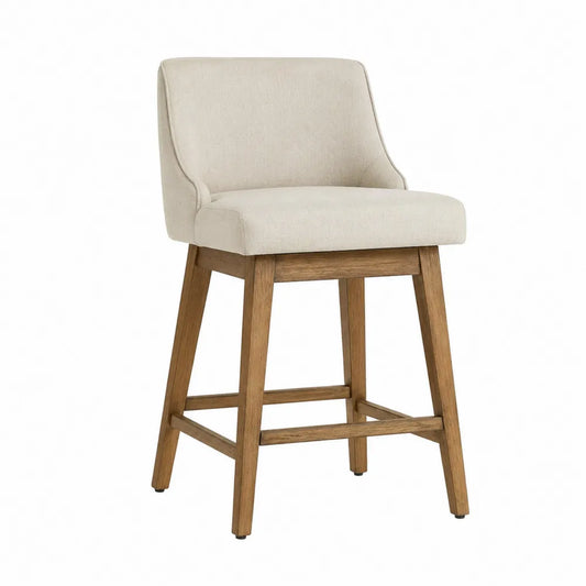 Tabouret de bar en bois massif avec assise rembourrée polyester beige dossier et repose-pieds 55 cm x 58 cm x 102 cm