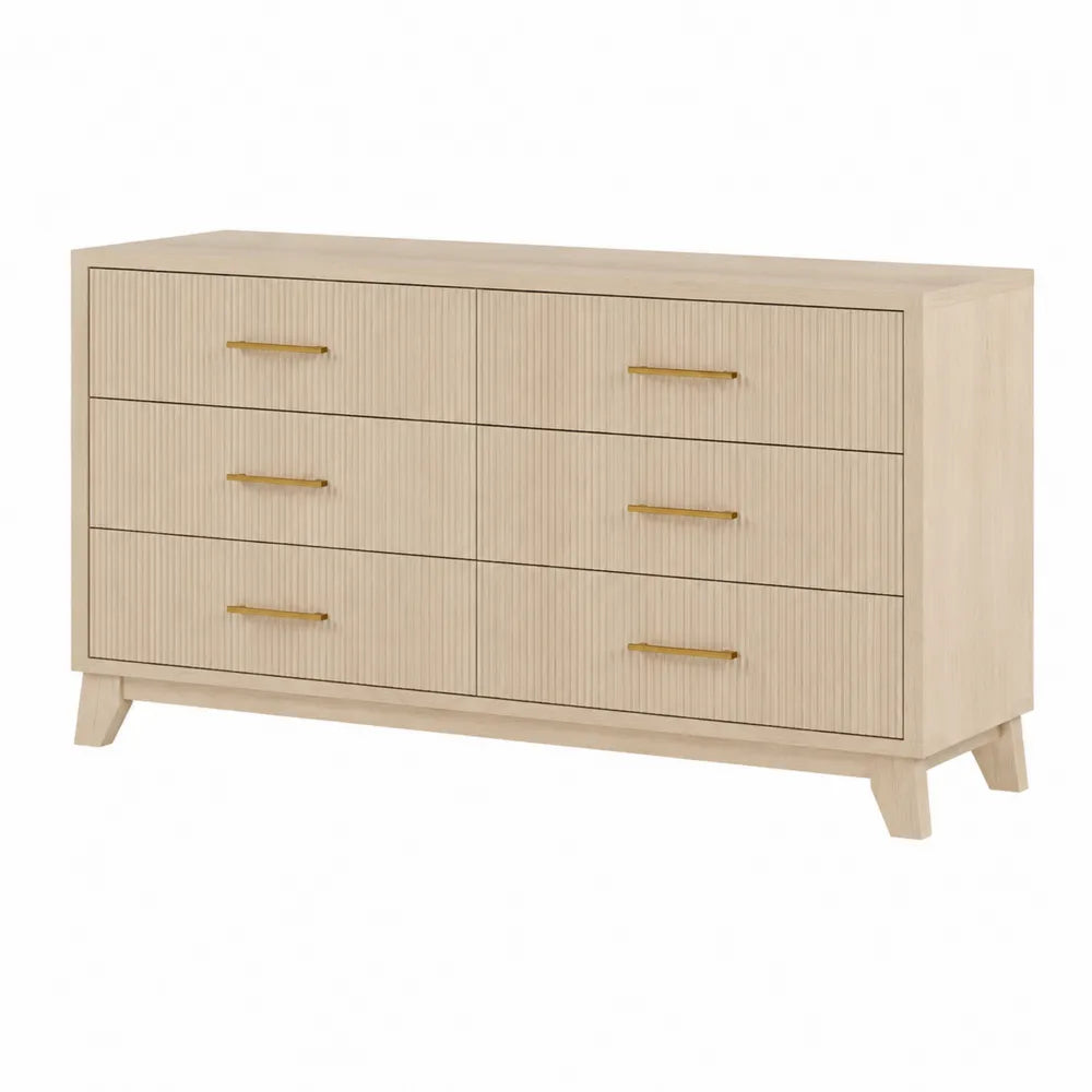 Commode 6 tiroirs en MDF plaqué chêne clair avec façades rainurées et poignées dorées 140 cm x 45 cm x 80 cm