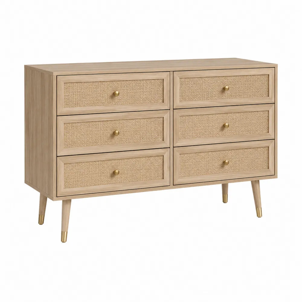 Commode 6 tiroirs en MDF plaqué chêne clair avec façades en rotin et poignées dorées 120 cm x 40 cm x 78 cm