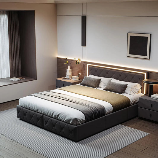 Lit Coffre 140x200 cm avec LED Intégrées – en bois, avec rangement, avec tiroirs, réglable, 4 Tiroirs, 140 × 200 cm, gris