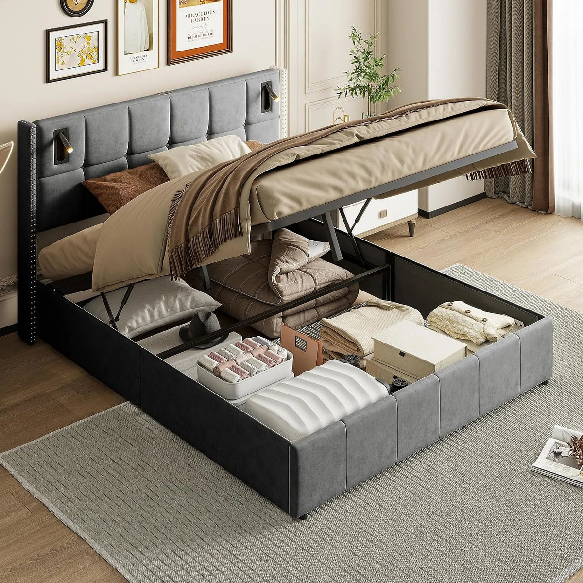 Lit Coffre 160 x 200 cm avec Éclairage LED et — avec rangement, avec port USB, affichage LED, 160 × 200 cm, gris