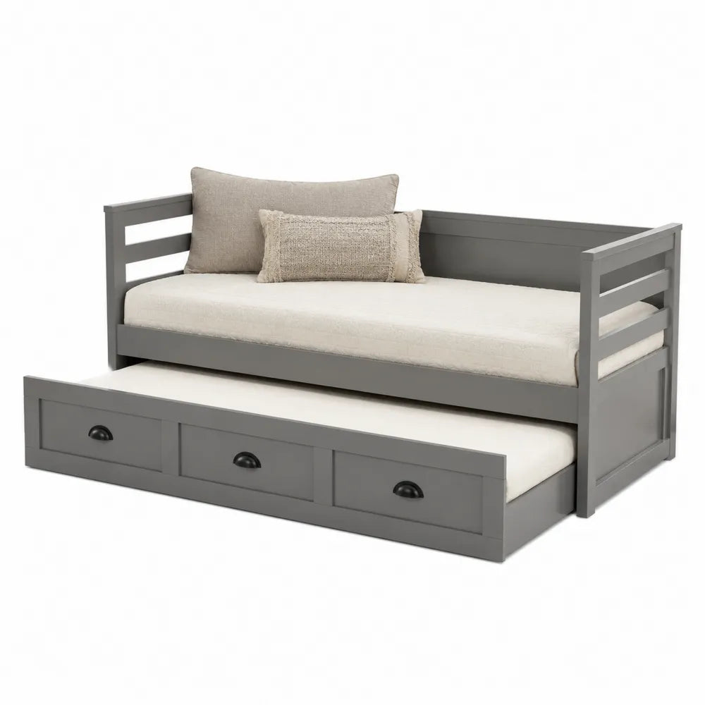 Lit de jour gigogne avec tiroir de rangement en bois gris et tissu polyester 206 cm x 96 cm x 85 cm