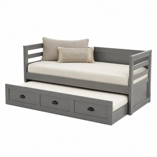Lit de jour gigogne avec tiroir de rangement en bois gris et tissu polyester 206 cm x 96 cm x 85 cm