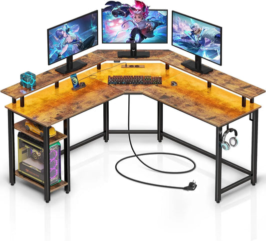 Bureau et table informatique — réversible, avec rangement, avec port USB, pour gaming, 135 × 135 cm, marron, avec éclairage LED