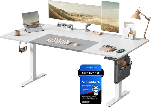 SONGMICS LSD028WZ03 Bureau et table informatique – USB-C, avec port USB, réglable, 180 × 80 cm, gris, hauteur réglable