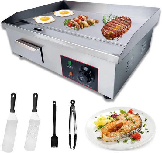 Gril Électrique Professionnel en Inox avec Plaque en Fonte 3000W pour Restaurants et Cafés
