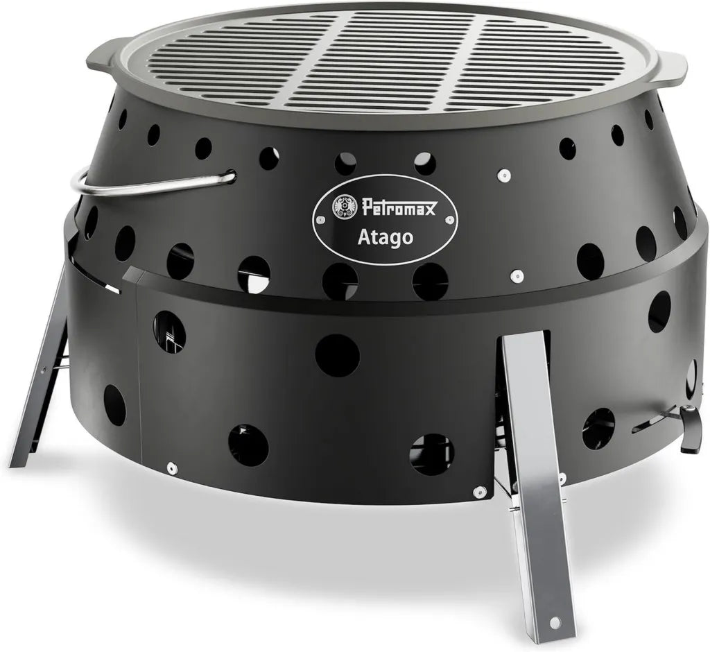 Petromax Atago Édition Noire - Barbecue Portable 4 en 1, Brasero, Four et Réchaud - Prêt en 2 Secondes - Grille Émaillée en Fonte - Compact et Transportable