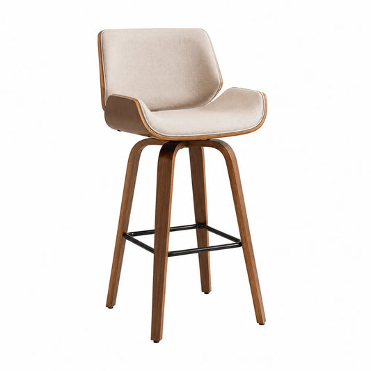 Tabouret de bar avec dossier en bois massif et assise tissu beige repose-pieds noir 53 cm x 55 cm x 95 cm