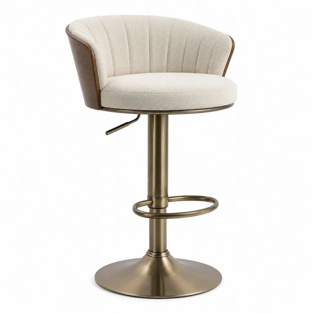 Tabouret de bar réglable pivotant en acier doré avec assise rembourrée beige et dossier 55 x 55 x 85-105 cm