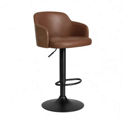 Tabouret de bar réglable pivotant avec coque en bois et assise rembourrée en cuir PU marron base acier noir 55 x 55 x 85-105 cm