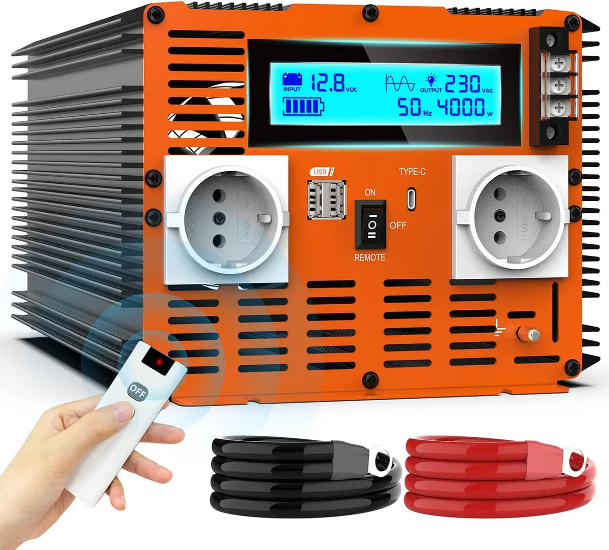 Convertisseur CC-CA et convertisseur de tension, 4000w, 12V, 220V, 3,4 A, onde sinusoïdale pure, avec USB-C