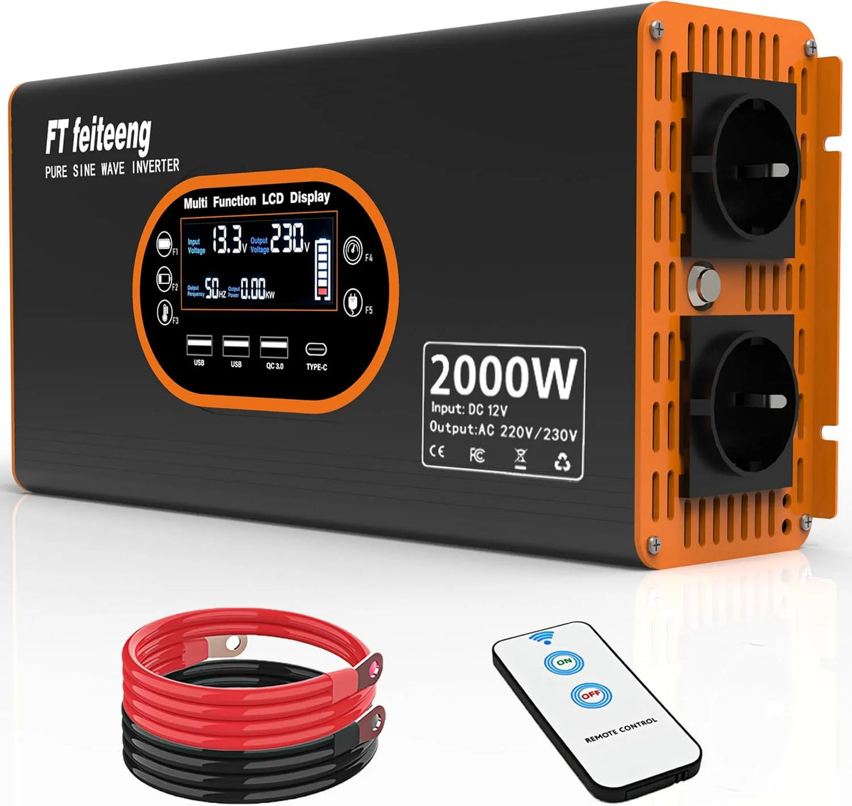 Convertisseur CC-CA et convertisseur de tension, 2000W, 12V, 220V, alimentation solaire, pour camping et camping-car