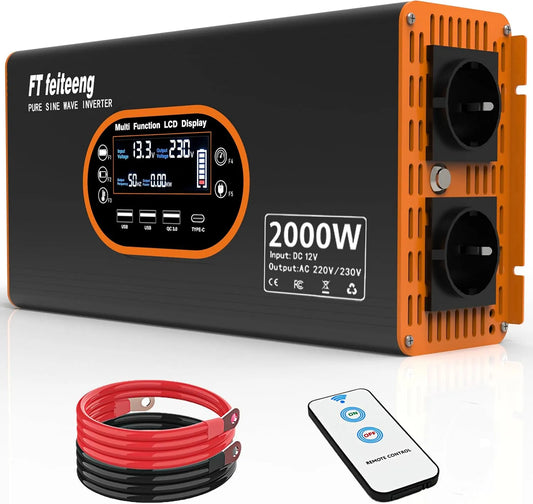 Convertisseur CC-CA et convertisseur de tension, 2000W, 12V, 220V, alimentation solaire, pour camping et camping-car