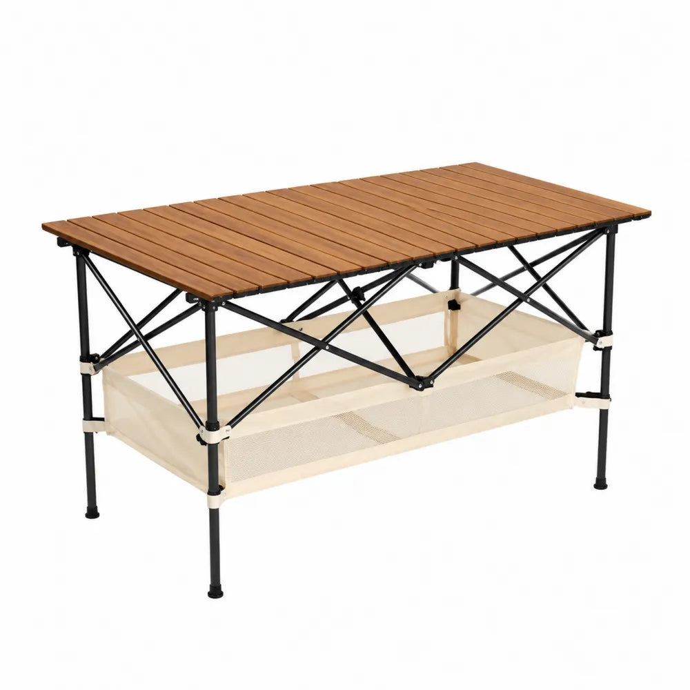 Table de jardin pliante rectangulaire 120 x 60 x 70 cm bois d’acacia plateau à lattes structure acier noir panier de rangement beige