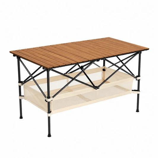 Table de jardin pliante rectangulaire 120 x 60 x 70 cm bois d’acacia plateau à lattes structure acier noir panier de rangement beige