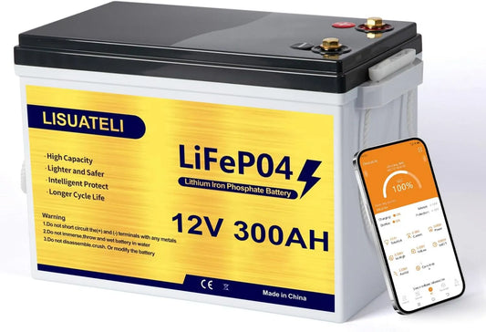LiFePO4 Batterie lithium LiFePO4 et batterie solaire à décharge profonde, 300 Ah, alimentation solaire, avec BMS, contrôle par application, 12 V