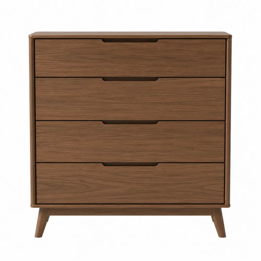 Commode 4 tiroirs en MDF plaqué chêne clair avec pieds inclinés et poignées intégrées 80 cm x 40 cm x 90 cm