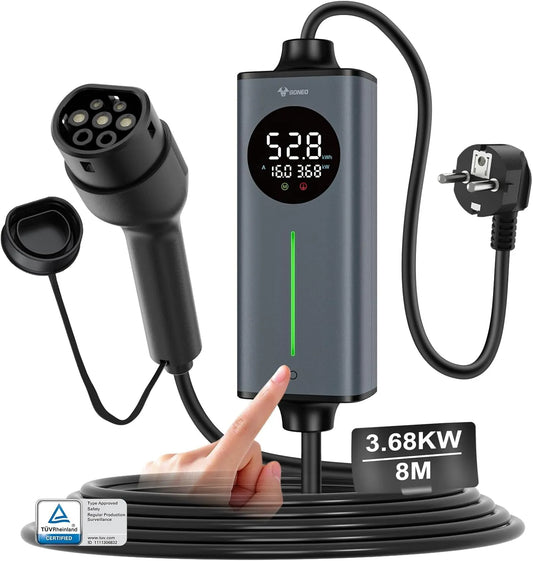 GONEO 8M Cable Recharge Voiture Electrique Type 2 monophasé, Détection de Fuite AC 30mA+DC 6mA & Surveillance Température, Réglage 6A/8A/10A/13A/16A