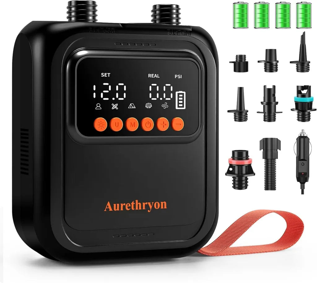 Pompe Électrique Rechargeable Haute Pression 20 PSI, Arrêt Automatique, Double Alimentation 12V DC & Batterie, 7 Buses Incluses, Idéale pour Kayaks, Matelas et Tentes, Noir