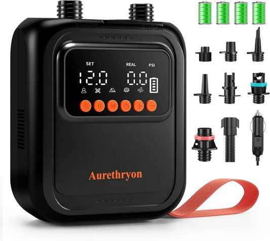 Pompe Électrique Rechargeable Haute Pression 20 PSI, Arrêt Automatique, Double Alimentation 12V DC & Batterie, 7 Buses Incluses, Idéale pour Kayaks, Matelas et Tentes, Noir