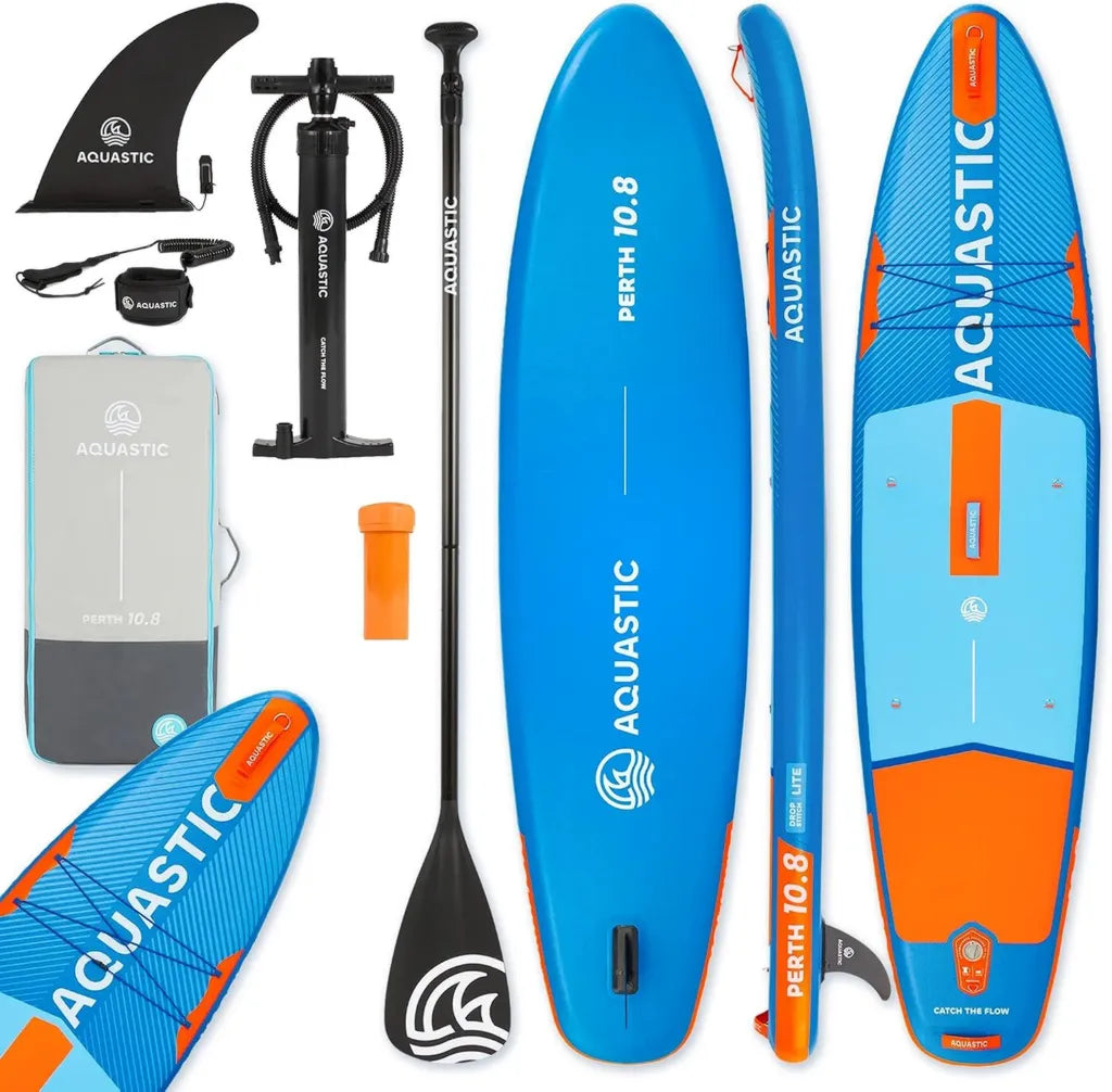 AQUASTIC Kit de Paddle Gonflable 10'8' - Sup Complet avec Pagaie, Siège Kayak, Leash, Pompe, Sac, Drop Stitch, Stable et Durable - Débutants et Avancés
