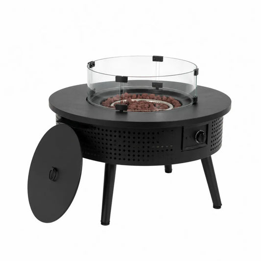 Table brasero à gaz ronde Ø81 x 79 cm acier peint noir pare-vent verre trempé brûleur inox couvercle inclus