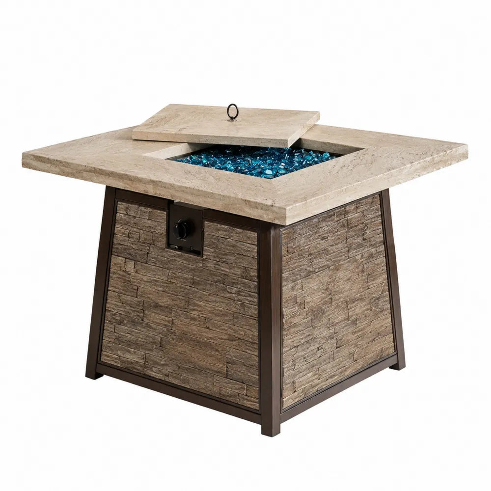 Table brasero à gaz carrée 90 x 90 x 63 cm béton fibré beige verre de feu bleu acier brun couvercle amovible