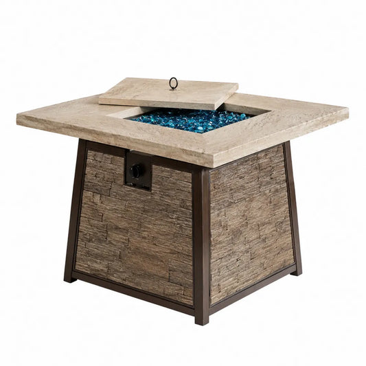 Table brasero à gaz carrée 90 x 90 x 63 cm béton fibré beige verre de feu bleu acier brun couvercle amovible