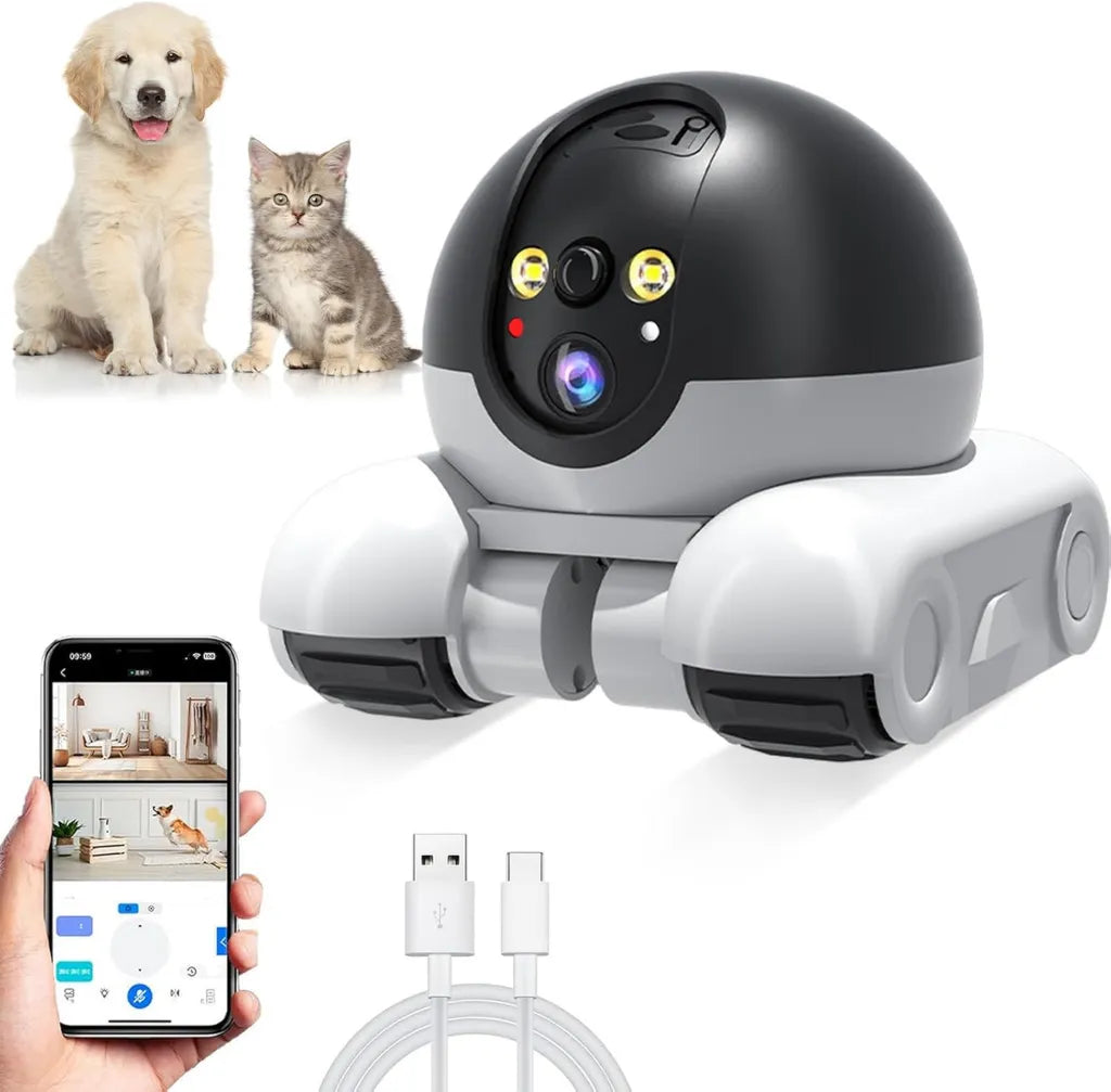 Caméra Robotisée pour Animaux avec WiFi, Double Objectif 1080p, Suivi de Mouvement et Audio Bidirectionnel