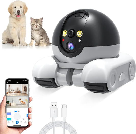 Caméra Robotisée pour Animaux avec WiFi, Double Objectif 1080p, Suivi de Mouvement et Audio Bidirectionnel