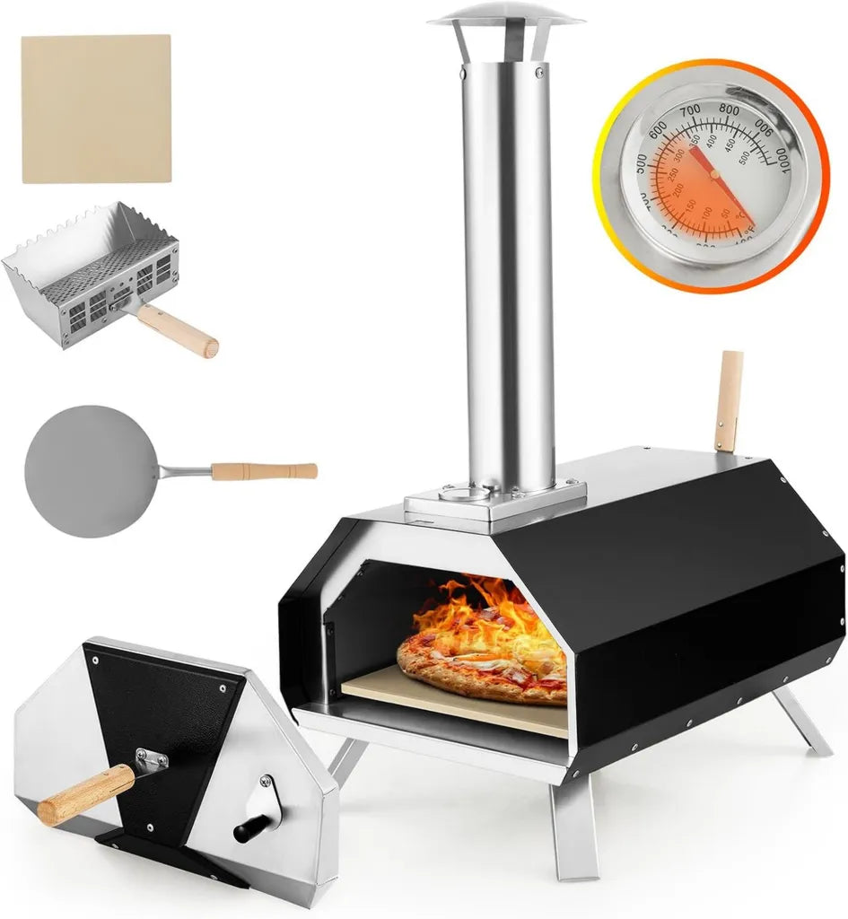 Four à Pizza Extérieur 30CM avec Thermomètre, Pieds Pliables et Pierre, Idéal pour Camping et Fêtes