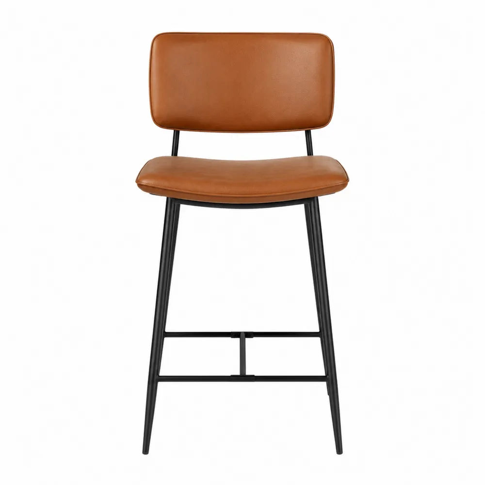 Tabouret de bar fixe en cuir PU marron avec dossier et piètement en acier noir 45 x 48 x 92 cm