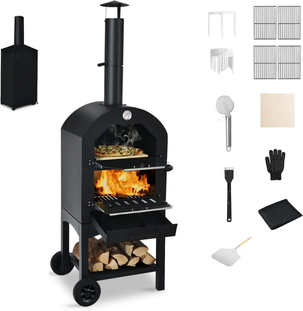 Four à Pizza Extérieur Portable en Fer, 2 Niveaux, 200-350°C, avec Pierre et Accessoires
