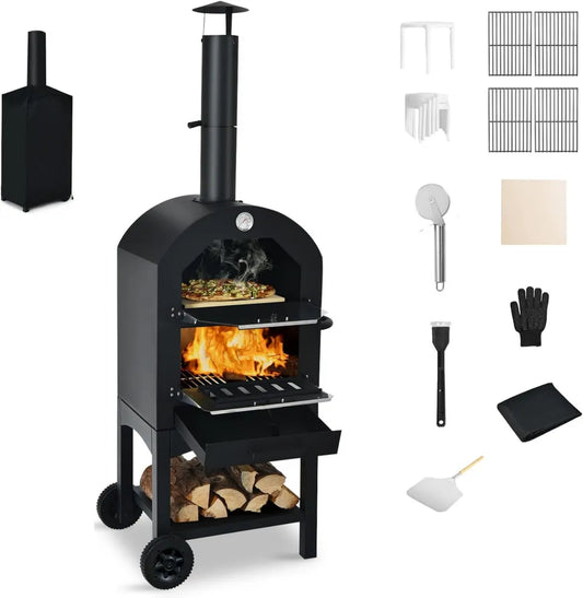 Four à Pizza Extérieur Portable en Fer, 2 Niveaux, 200-350°C, avec Pierre et Accessoires