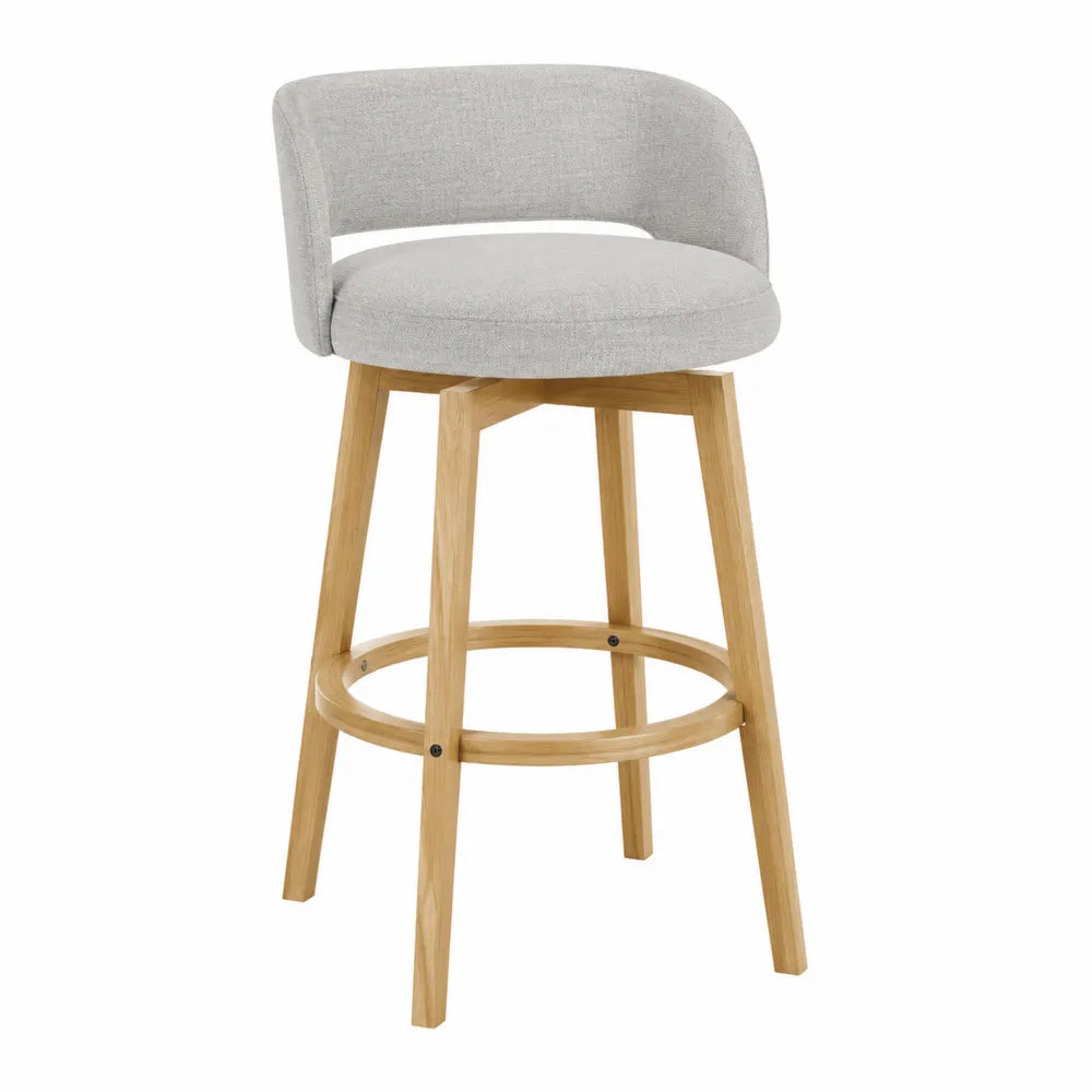 Tabouret de bar fixe en bois massif naturel avec coussin polyester beige et repose-pieds intégré 45 x 45 x 75 cm