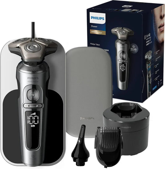 Rasoir Électrique Philips Prestige Série 9000 avec Technologie SkinIQ, Support de Charge Qi, Chrome Brillant